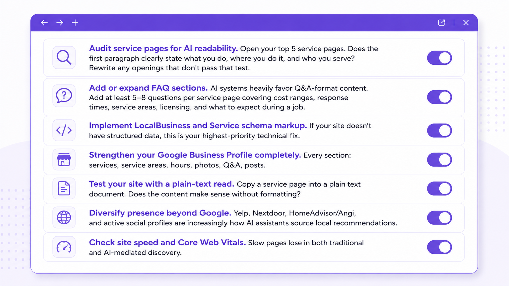 Browser settings panel with toggle switches for disabling AI features