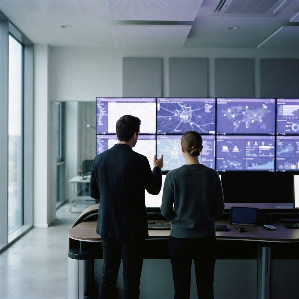 Operations staff reviewing shipment dashboards on wall monitors in a dispatch office