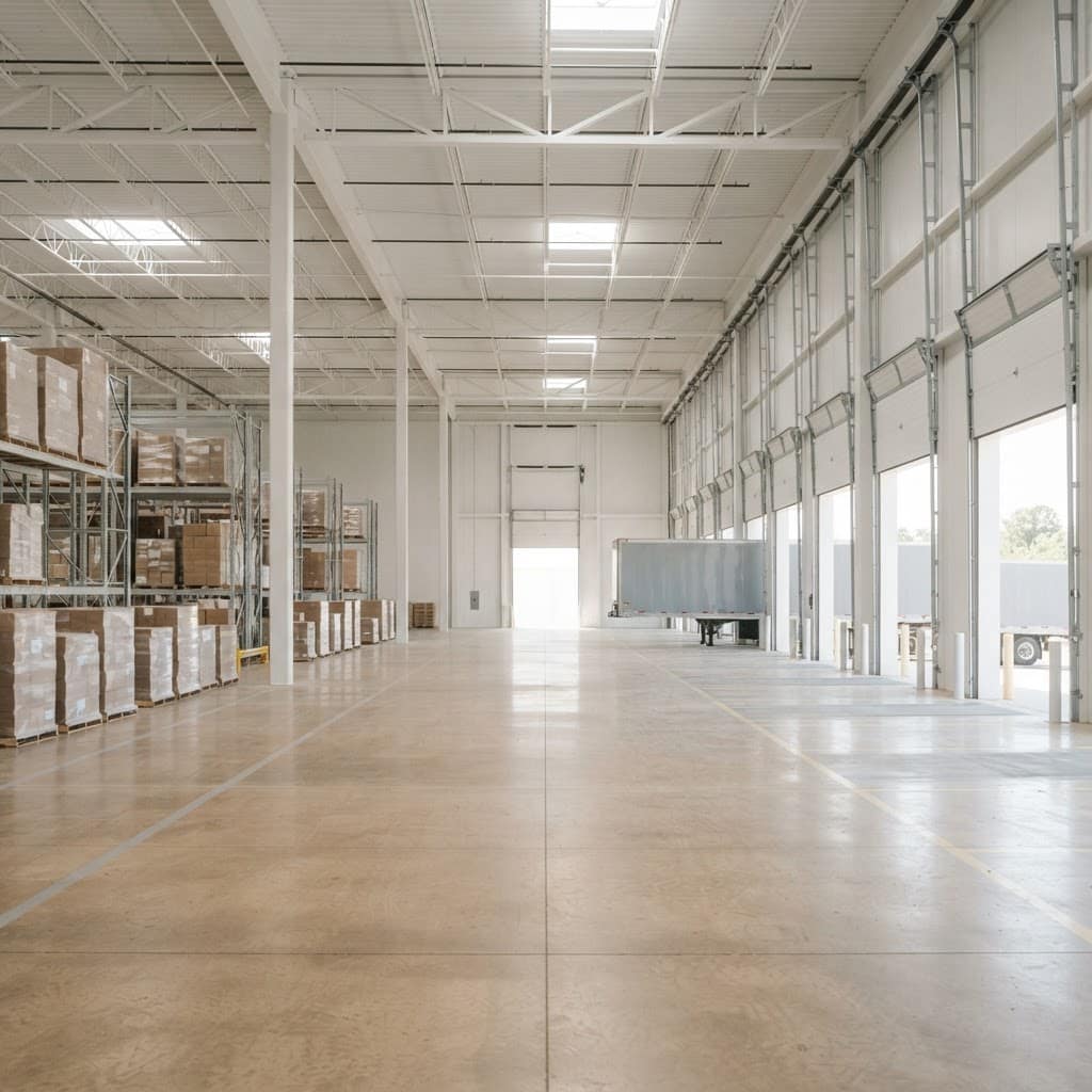 Bright warehouse loading dock with stacked pallets and open dock doors